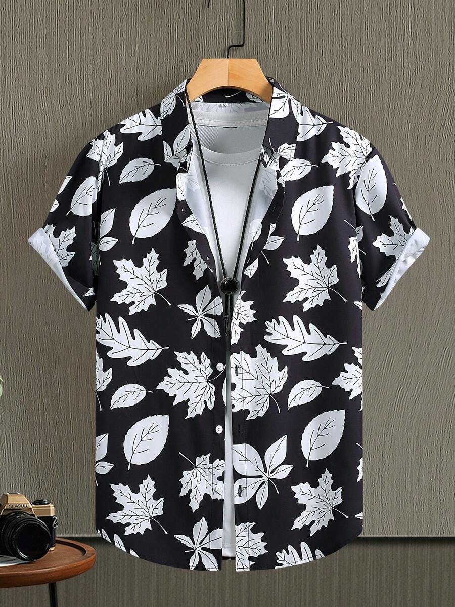 男士休闲枫叶印花短袖衬衫，夏季度假 - 黑與白 - 查看 1