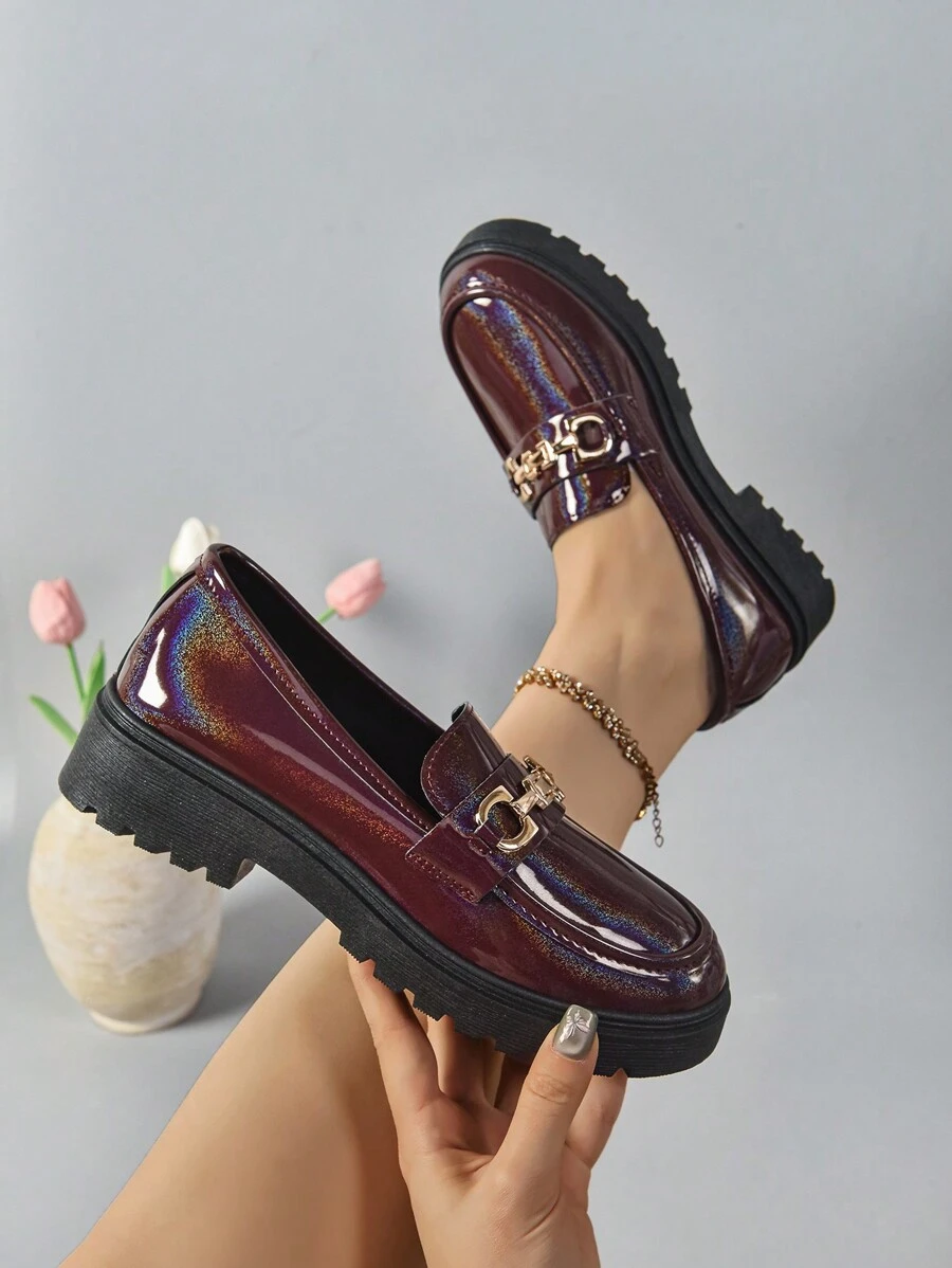 Women's British Style Leather Loafers, New Spring/Autumn Thick Heel Casual Comfortable Work Shoes, Fashion Round Toe Slip-On Flats - Burgundy - View 1