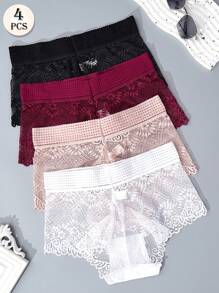 APRSEA 4 件装女士蕾丝半透明高腰时尚性感内裤舒适高弹力女士三角内裤内衣 - 彩色 - 查看 3