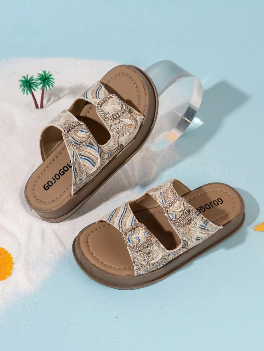 1 Pair Girls Rhinestone Cloud Pattern PU Flat Cute Fashionable Slippers, Suitable For Spring, Summer, Autumn - White - View 1