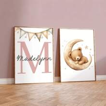 3件套定制无框帆布海报 - 个性化姓名墙画、定制泰迪熊墙画、个性化姓名泰迪熊油画装饰、星星、月亮、旗帜、秋千图案、个性化首字母/姓名牌、中性卧室装饰、餐厅、客厅、卧室、办公室、游戏室、家居装饰礼品、生日、毕业、返校季学习用品、温馨氛围、秋季装饰、旅行收纳 - 彩色 - 查看 6