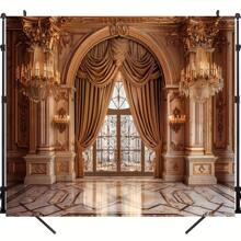 Fond photo de style palais avec lustre et porte voûtée, réalisé en matériau polyester polyvalent, convient pour la photographie de portrait d'adulte et la prise de vue en studio, peut être utilisé comme décoration élégante pour les événements de printemps et d'été - 1 pièce