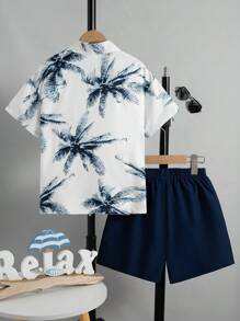 Boys Daily Casual Outing Fashion Print Plant Pattern Front Patch Design Drop Shoulder Style Short Sleeve Shirt Top And Chapter Design Shorts Two Pieces Suit Boy Shorts Suit Summer