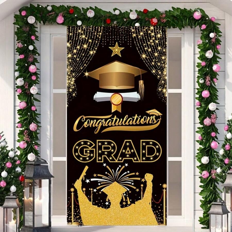 Decoración de fiesta de graduación: Cartel de felicitaciones para graduado como decoración de fondo, adecuado para fiestas de graduación al aire libre y en interiores - Albaricoque - Ver 1