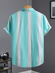 Casual Men's Short Sleeve Striped Shirt, Men's Clothing, Sky Blue & White, Summer - Blue and White - View 3