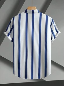 Casual Men's Striped Short Sleeve Shirt, Blue & White, Summer Holiday - Blue and White - View 2