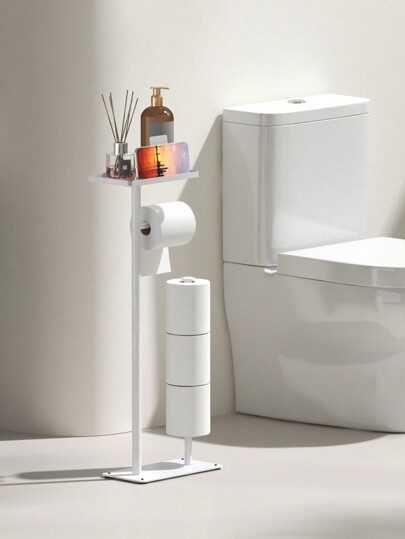 1 support de papier hygiénique blanc/noir avec support pour téléphone et plateau de rangement, convenant pour 3 rouleaux de papier hygiénique de rechange, support indépendant de papier toilette sur pied, accessoires de salle de bain