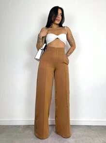 Women's Skinny Pants, High Waist, Wide Leg, Sophisticated, Blogger, Elegant - 鏽棕色 - 查看 7
