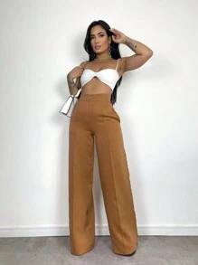 Women's Skinny Pants, High Waist, Wide Leg, Sophisticated, Blogger, Elegant - 鏽棕色 - 查看 6