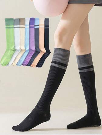 1/3/4 Pairs Women's Solid Color Athletic Compression Leg Socks, Shaping Yoga Pilates Home Fitness Full Sole Silicone Non-Slip Knee High Socks