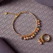 dazzdelic 2 件/4 件铜珠、珍珠链、流苏颈链项链手链耳环开口戒指套装，适合女士日常佩戴和派对 - 珠 流蘇 - 查看 13