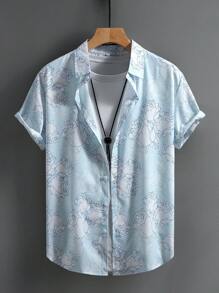 Camisa casual de manga corta para hombre, estampado de rosas blancas y azul cielo, verano - Celeste - Ver 1