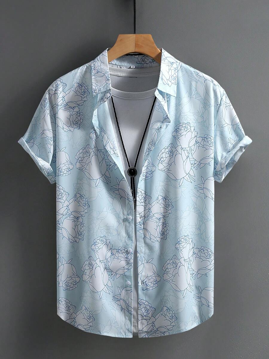 Camisa casual de manga corta para hombre, estampado de rosas blancas y azul cielo, verano - Celeste - Ver 1