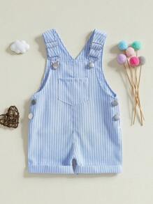 Toddler Baby Suspender Jumpsuit Stripe Print Sleeveless Overall Shorts For Boys And Girls - 藍色 - 查看 4