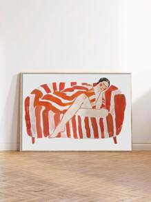 Large Canvas Wall Art - Abstract Woman Relaxing On Red And Orange Striped Sofa - Vibrant Home Decor Artwork - Unique Line Drawing, Frameless - Multicolor - View 3