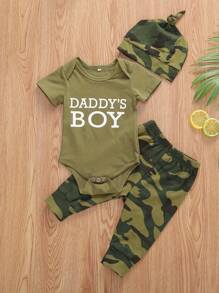 Conjunto de 3 piezas para bebés, niños y niñas: mono de manga corta, pantalón largo de camuflaje y gorro/diadema. - Verde militar - Ver 2