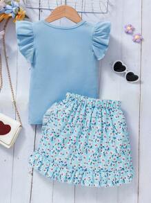 Young Girls Vacation Outfit 2pcs Set: Ditsy Floral Embroidery T-Shirt + Ruffle Hem Ditsy Floral Skirt, Sweet Style For Young Girl Ages 4-7, Spring/Summer Suitable For Outing And Photoshoot