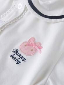 Girls' Casual Navy Collar Rabbit Embroidery Short Sleeve T-Shirt, Cute & Breathable Comfortable For Children, Summer New Arrival - White - View 4