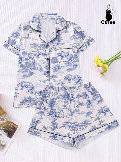 2pcs Plus Size Women Painting Style Printed Pajama Set , Short Sleeve Shirt With Lapel & Buttons And Loose Elastic Shorts Pajama Set, Suitable For Overweight, Parties, Casual Home & Outdoor Wear, Cool Light Blue