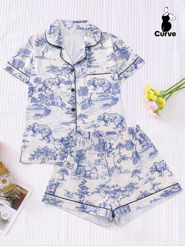 2pcs Plus Size Women Painting Style Printed Pajama Set - Short Sleeve Shirt With Lapel & Buttons And Loose Elastic Shorts, Suitable For Overweight, Parties, Casual Home & Outdoor Wear