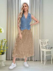 Women's High Waist Elastic Long Tulle Skirt With Multi-Layered Ruffles Mesh Tutu Skirt Party Skirt For Women - Beige - View 1