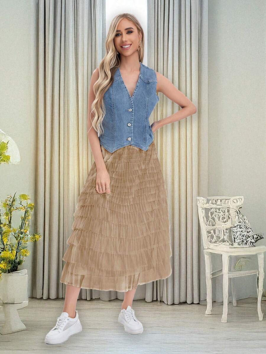 Women's High Waist Elastic Long Tulle Skirt With Multi-Layered Ruffles Mesh Tutu Skirt Party Skirt For Women - Beige - View 1