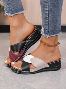 女士流行树叶拼接厚底凉鞋，交叉绑带露趾粗跟凉鞋，休闲沙滩度假舒适拖鞋，耐穿夏季旅行人字拖 - 白色 - 查看 5