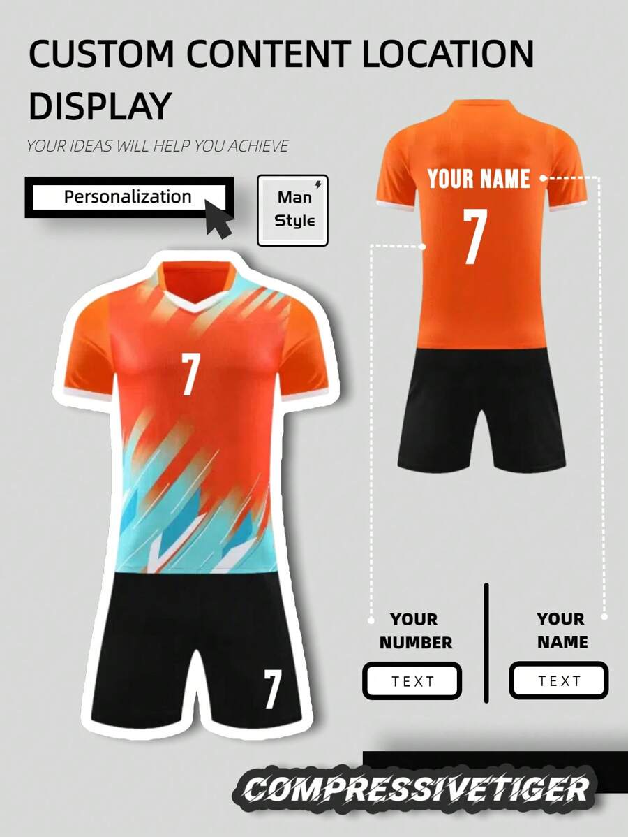 2 stuks gepersonaliseerde voetbaltrui - aanpasbare naam en nummer print korte mouw T-shirt + shorts co-ord drakenpatroon snel drogend zweetabsorberend sportset als cadeau
