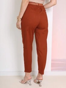 Women's Slim Twill Pants With Pocket And Elastic Belt - Rust Brown - View 4