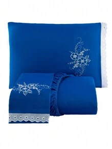 Jogo De Lençol Com Elástico Casal Queen Lese 3 Peças Bordado Oferta - Azul - Visão 2