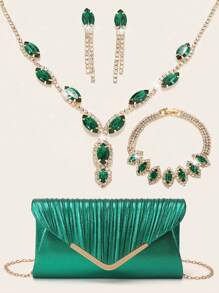 Rhinestone Jewelry Set Bling Necklace Earrings Bracelets Set For Women Evening Clutch Bag V-Shaped Wrinkling Shiny Handbag Wedding Sparkling Glitter Handbag For Women Prom With Detachable Metal Chain For Wedding And Party Shoulder Bag For Women's Handheld Evening Bag Versatile Glitter Handheld Bag Cocktail Party Wedding New Wallet Banquet Bag