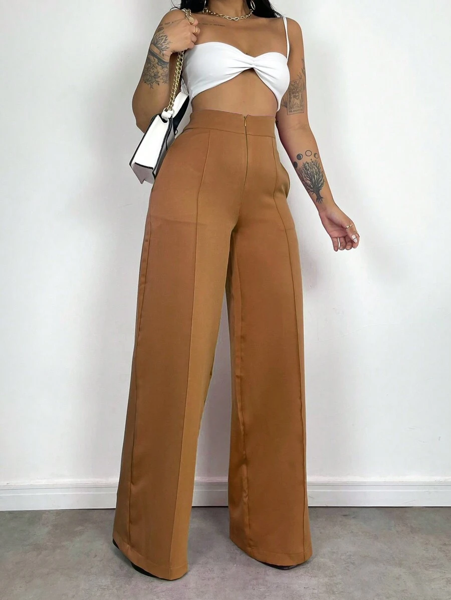 Women's Skinny Pants, High Waist, Wide Leg, Sophisticated, Blogger, Elegant - 鏽棕色 - 查看 1
