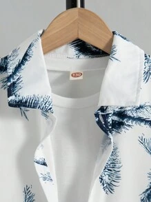Boys Daily Casual Outing Fashion Print Plant Pattern Front Patch Design Drop Shoulder Style Short Sleeve Shirt Top And Chapter Design Shorts Two Pieces Suit Boy Shorts Suit Summer