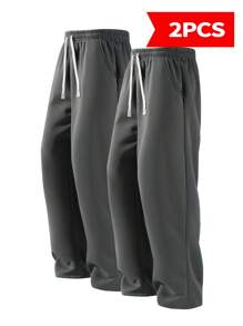 Blueplus Men's Two-Piece Loose-Fitting Drawstring Sweatpants With An Adjustable Drawstring Waistband. Comfortable And Breathable, Suitable For Outdoor Sports And Fitness. Straight-Leg Casual Pants. - 深灰色 - 查看 2