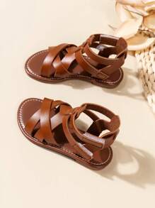 1 para dziewczęcych/maluchów swobodnych sandałów z rzepem i tkanym PU, letnie kapcie plażowe z odkrytymi palcami, antypoślizgowe płaskie buty, nowy projekt 2025