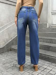 Women's Jeans Single Breasted Mid Waist Wide Leg Loose Micro Denim Pants - Rửa tối - Xem 7