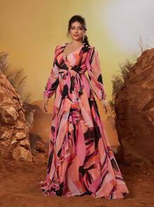 Mgiacy 新品 V 领优雅伴娘礼服印花荷叶边雪纺长裙 - 珊瑚粉 - 查看 4