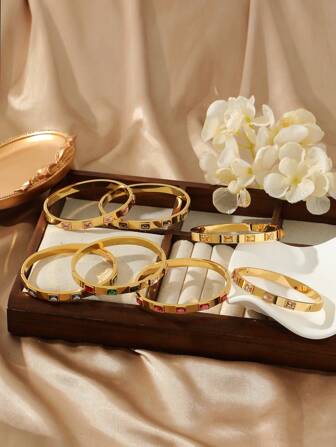 1 件不锈钢，18K 镀层，彩色水钻手镯，时尚，高端，适合派对、约会、波西米亚风珠宝