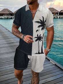 PONCHIOE Ensemble polo à manches courtes et short, style vacances, imprimé tropical, couleur unie pour homme PONCHIOE. Chemise à demi-zip, tenue de vacances tropicales, vêtement de plage, tenue pour la fête des pères