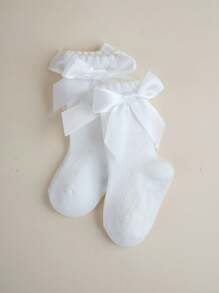 6pairs White Big Bow Socks, Lolita Style Breathable Soft Fashion Crew Socks For School Season, Suitable For Little Girls And Babies, Dance - White - View 6