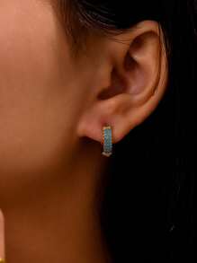 TONSI 1 par de pendientes de aro de acero inoxidable chapado en oro de 18k con turquesa azul y circonia incrustada de manera artesanal, estilo europeo y americano Ins para mujeres