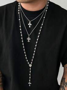 3pcs Vintage Punk Multilayer Metal Silver Cross Decor Y-Necklace, Men's Fashionable Beaded Necklace Set, Hip-Hop Style