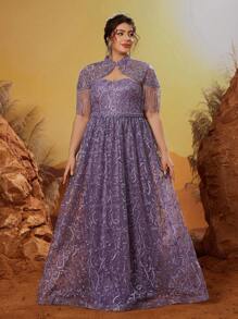 Plus Size Anpokt Stand Collar Embroidered Lace Mid-Sleeve Flare Hem Split Evening Dress, Party Dress, Wedding Guest Dress, Formal Dress,Gown - Purple - View 3