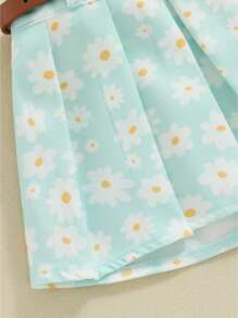 6M-4T Kids Toddler Girl Summer Outfit Solid Color Ribbed Sleeveless Tank Tops And Daisy Print Pleated Skirts With Belt 2Pcs Clothes Set - 綠色 - 查看 8