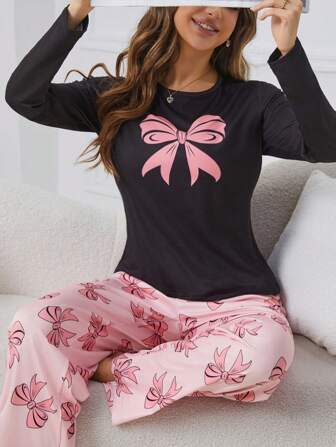 2 件套女士常规睡衣套装 - 蝴蝶印花长袖上衣和裤子，休闲针织涤纶睡衣套装，弹力面料，适合所有季节，成人尺码，两件套