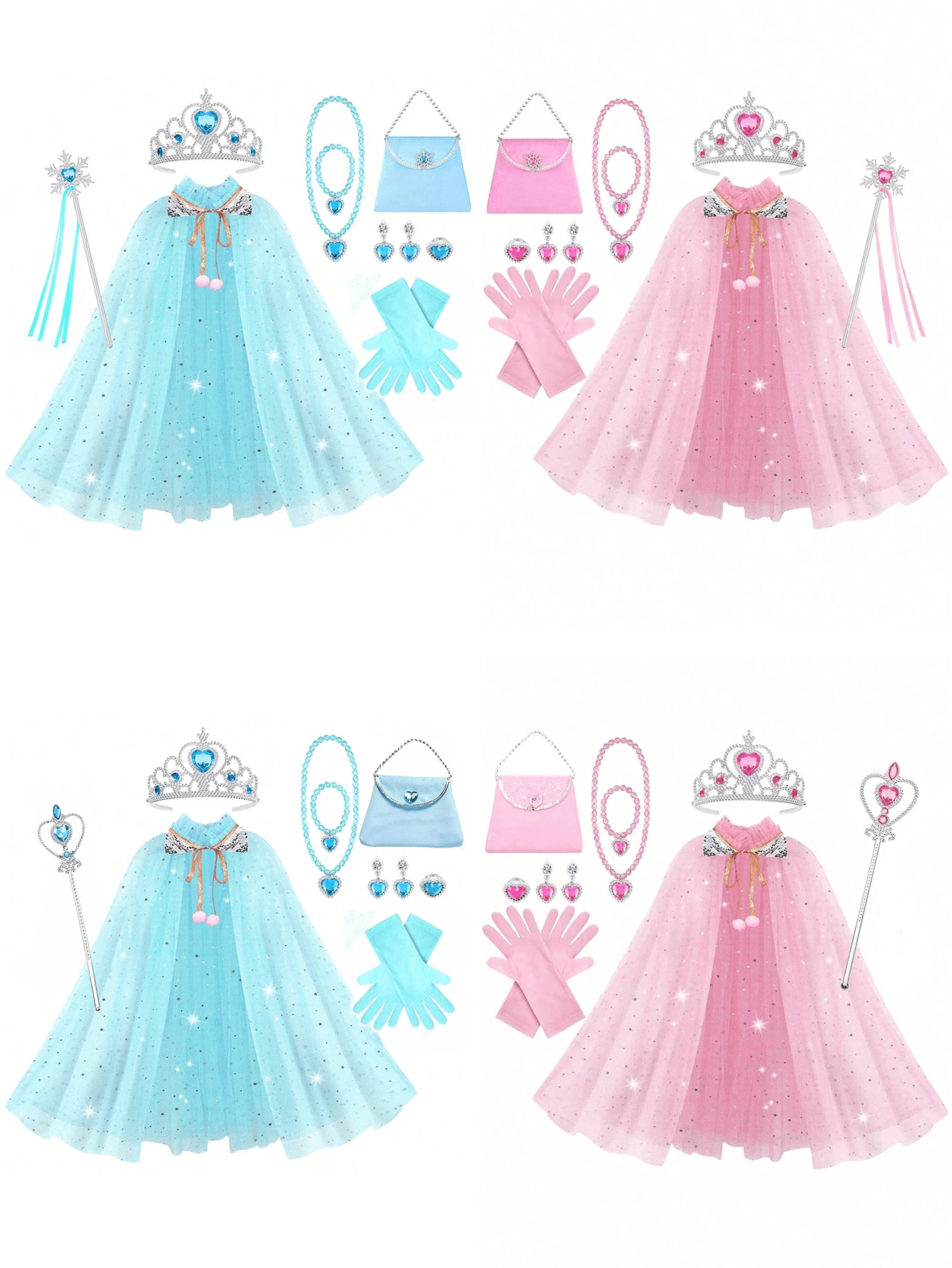 11pcs Princess Cape Set, Pink, Snowflake Pattern, Includes Princess Crown, Wand, Necklace, Jewelry And Bag - Pink - View 1