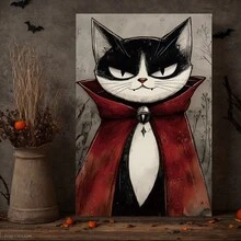 Impresión de lienzo con marco del arte de pared de gato vampiro de Halloween, decorativo para sala de estar, dormitorio, baño, oficina, pasillo, cocina, decoración del hogar