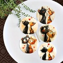 1 Set Of 6 Couple Cat Wooden Coasters - Heat-Resistant Coasters For Home, Afternoon Tea, Coffee - Ideal Valentine's Day Gift - Multicolor - View 2