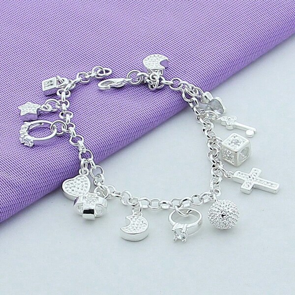 Bracelete com Pingente de Prata 925, Lua, Coração, Cadeado, Cruz, para Mulheres, Charme, Casamento, Festa, Joia da Moda