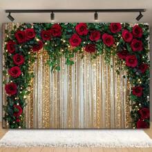 1pc Gold Glitter Backdrop With Red Roses And Green Leaves - Silk Arch, Suitable For Wedding, Bridal Shower, Anniversary And Party - Multipurpose Photo Background, No Power Required - 1pc - View 3